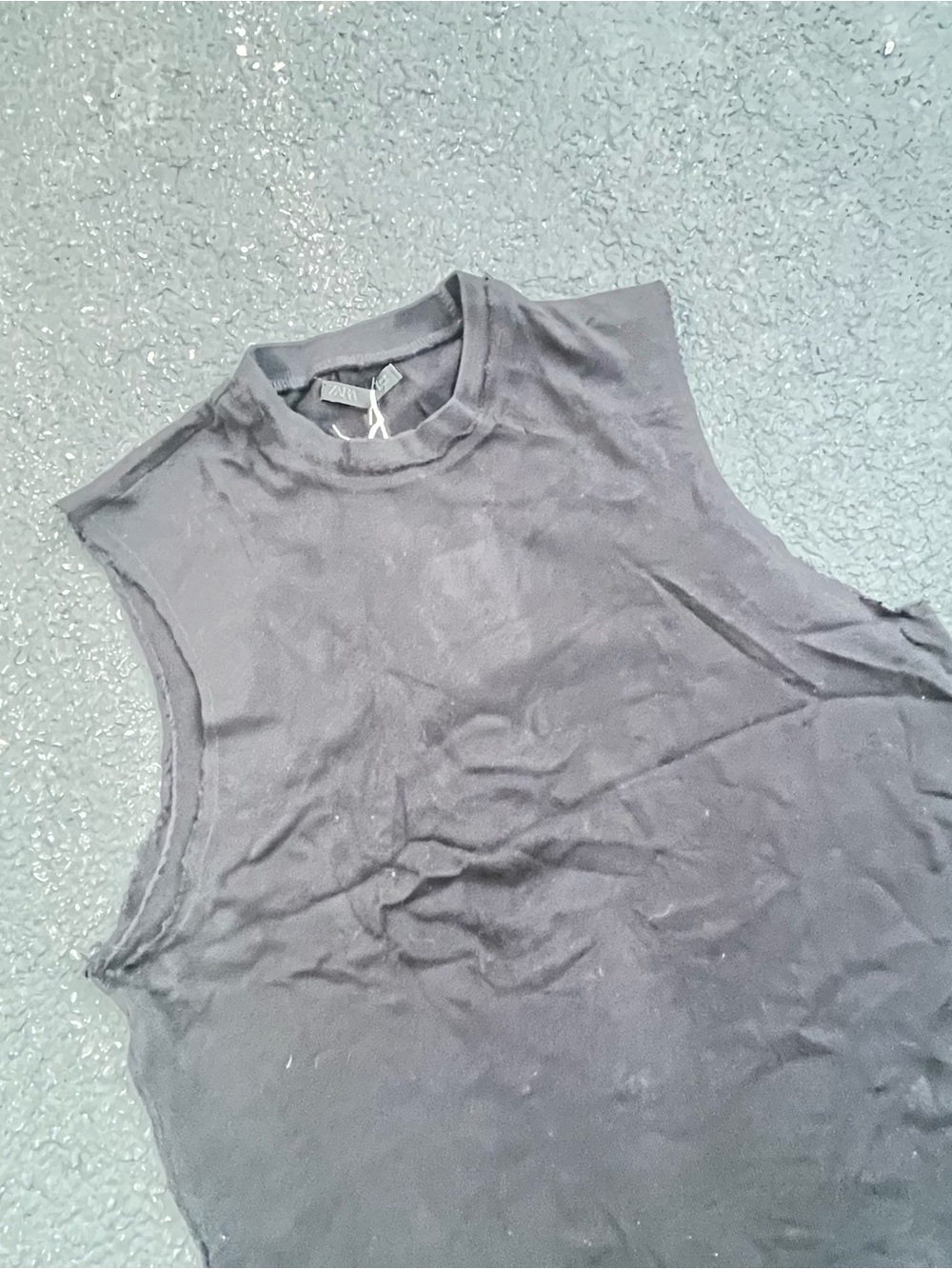 Zara Men’s Black Cotton Mock-Neck Muscle Tank with Raw-Cut Edges Size Small